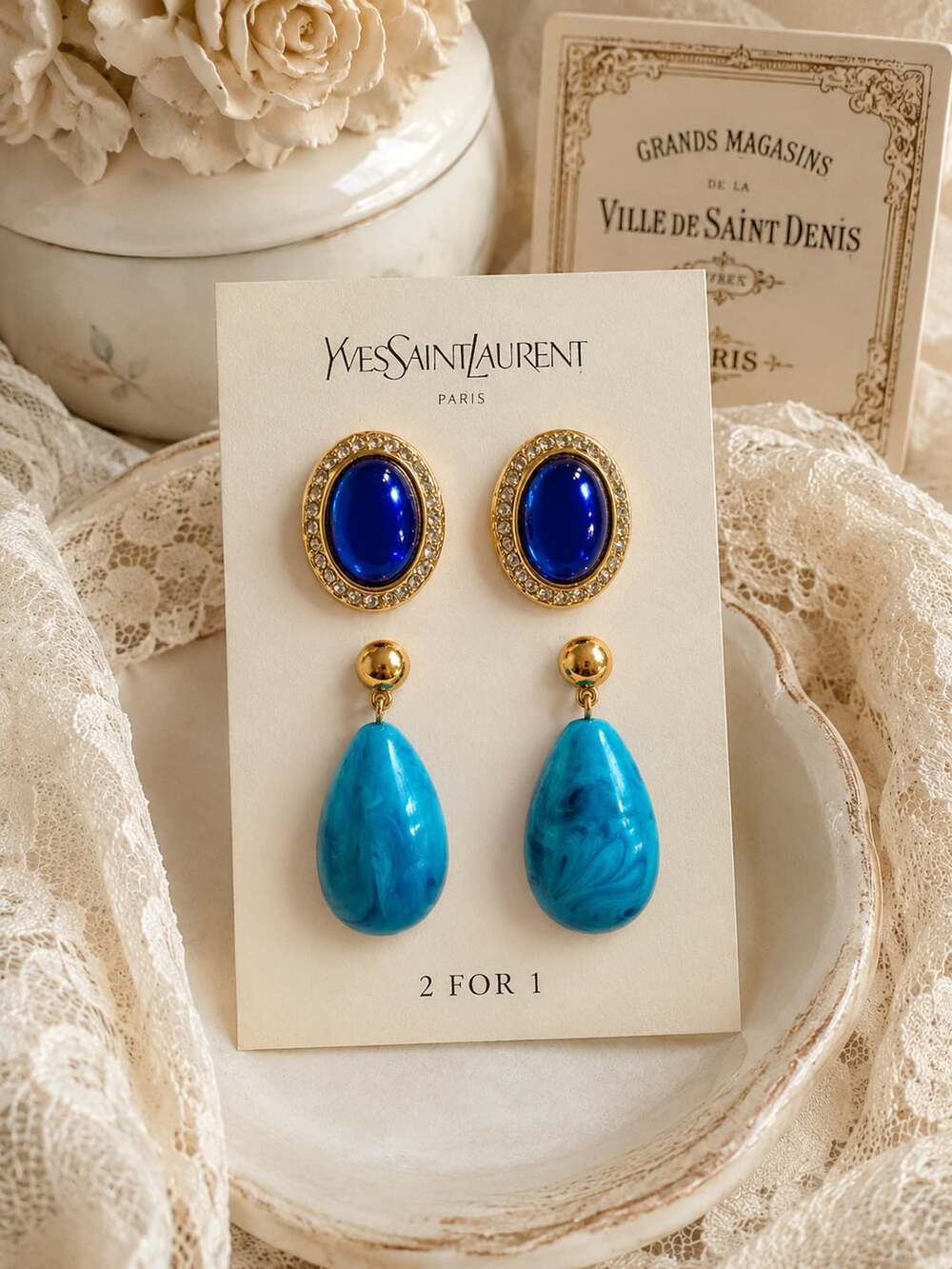 Yves Saint Laurent  YSL Vintage 2 for 1 Blue Cabochon & Teardrop Earrings